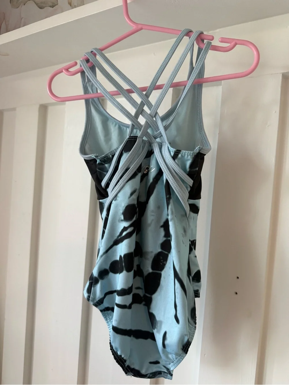 Justice Light Blue and Black Tie-Dye One-Piece Leotard with Crisscross Straps